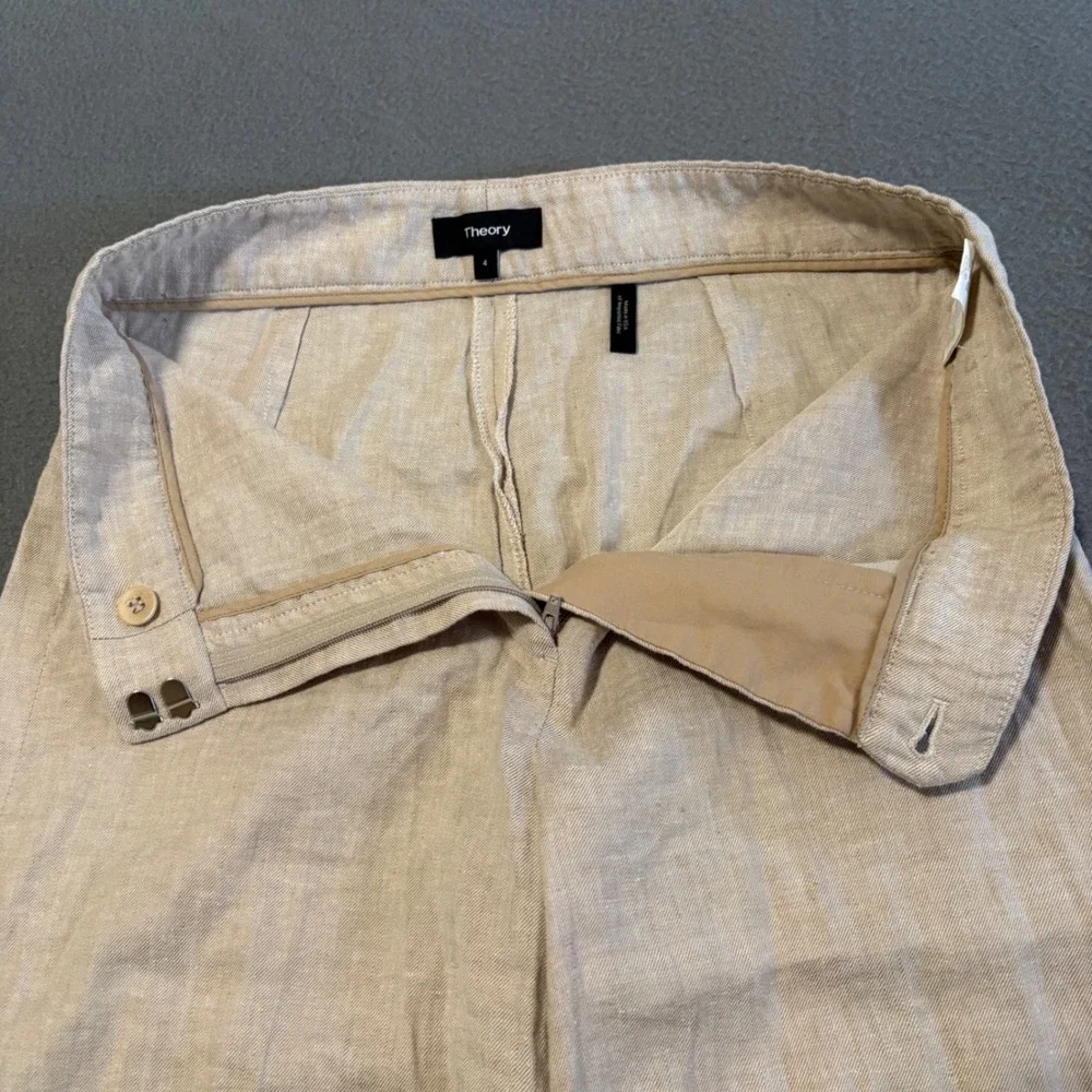 Theory Terena Terra Wash Pants Womens 4 Beige Linen Blend Wide Leg H0503216 FLAW